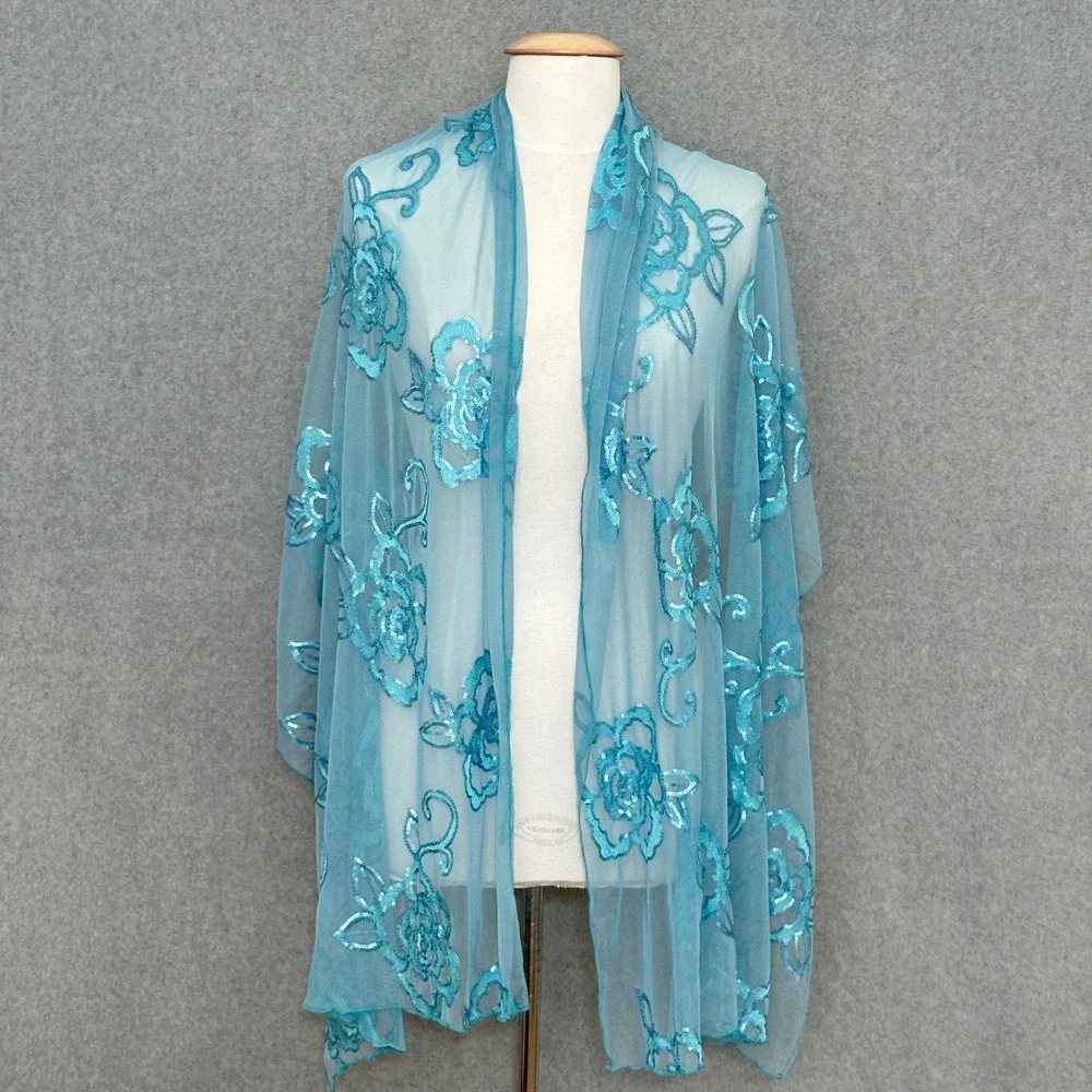 Tosca Blu Aqua Blue Floral Sequin Mesh Evening Wrap Shawl Scarf Evening Wedding